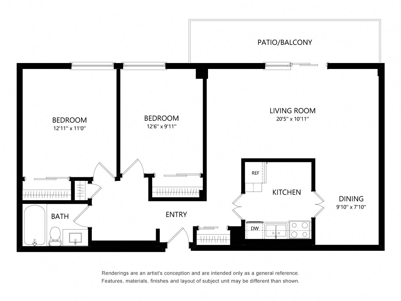 Floor plan for 2 beds, 1 bath, 946 sqft